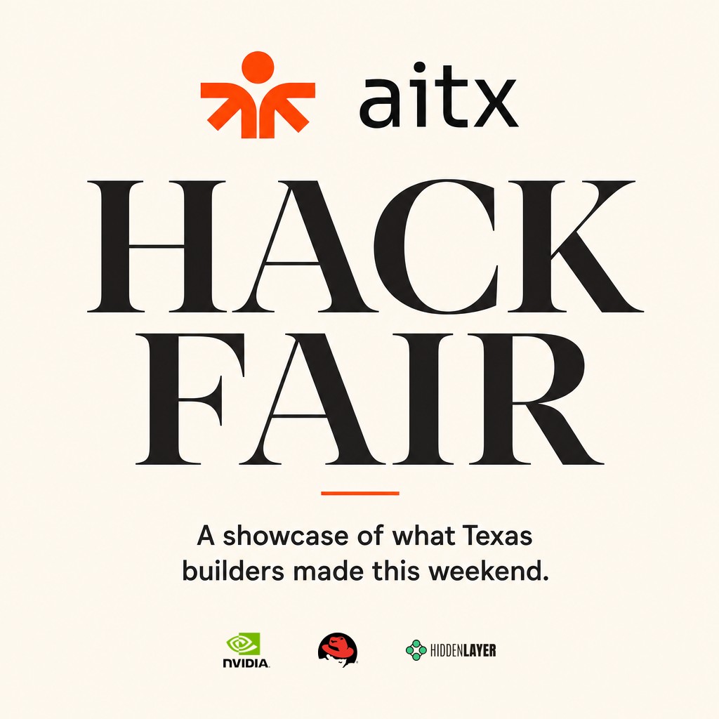 The on-brand AITX HACK FAIR flyer